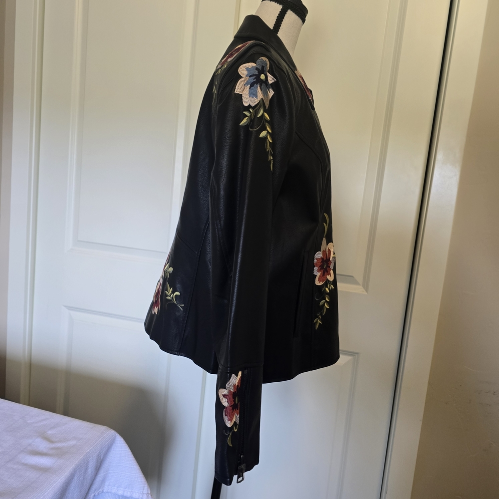 New Dennis Basso Madison Ave Embroider Floral Black Faux Leather Moto Jacket XL - Picture 5 of 14